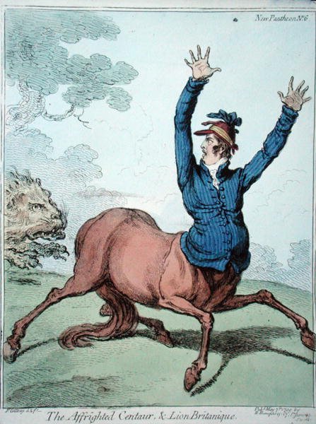 The Affrighted Centaur and the Lion Britanique, wydana przez Hannah Humphrey w 1799 r. (akwaforta ręcznie kolorowana) autorstwa James Gillray