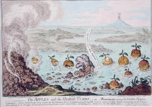 The Apples and the Horse-Turds lub Buonaparte Among the Golden Pippins, opublikowane przez Hannah Humphrey w 1800 roku (akwaforta ręcznie kolorowana) autorstwa James Gillray