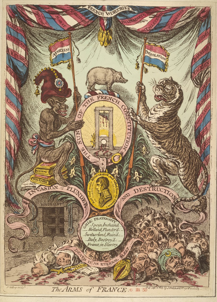 The Arms of France, ilustracja z „Wiernych i patriotycznych rachunków, pieśni, przemówień itp. o groźnej inwazji Bonapartego na Wielką Brytanię” wydana w Londynie autorstwa James Gillray