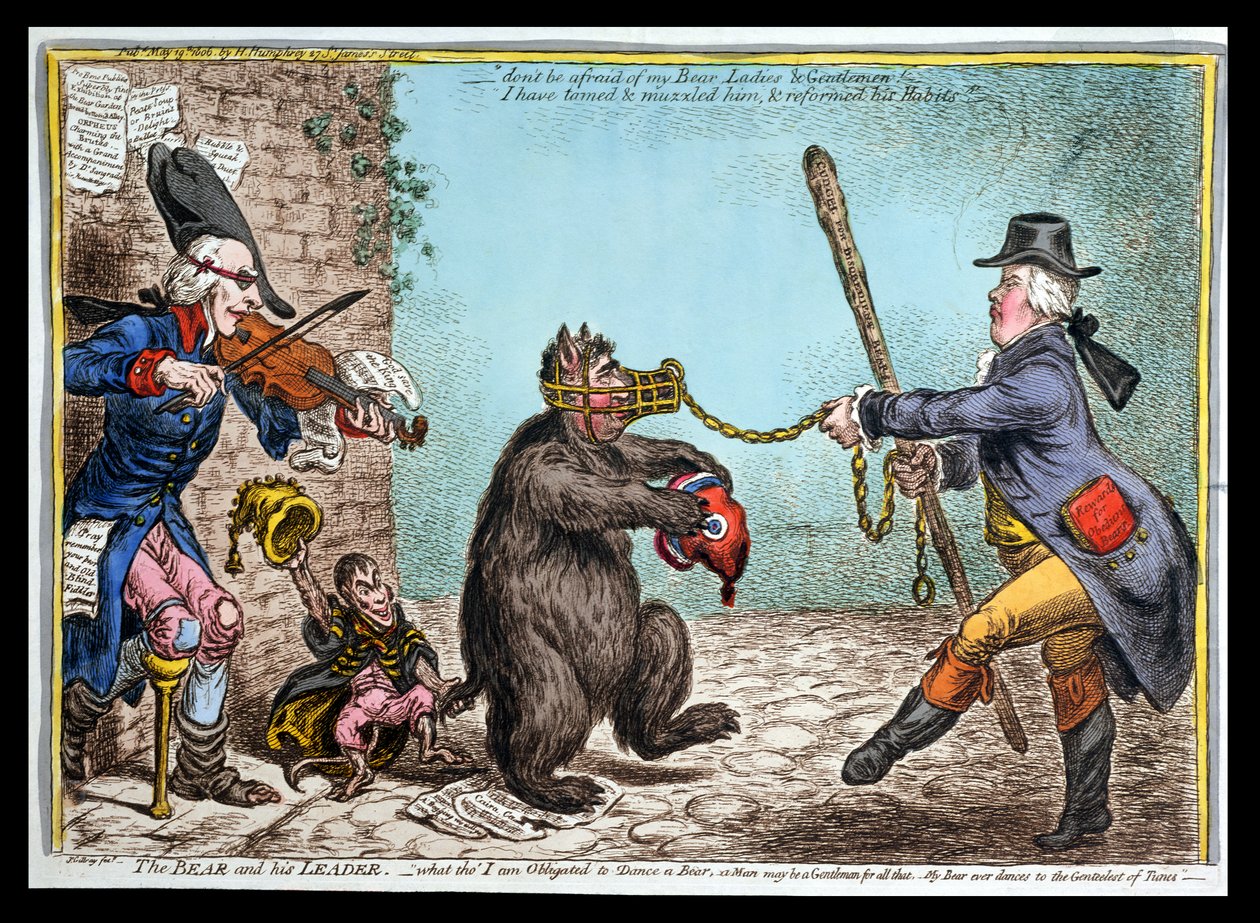 Niedźwiedź i jego przywódca, wydana przez Hannah Humphrey w 1806 roku (akwaforta ręcznie kolorowana) autorstwa James Gillray