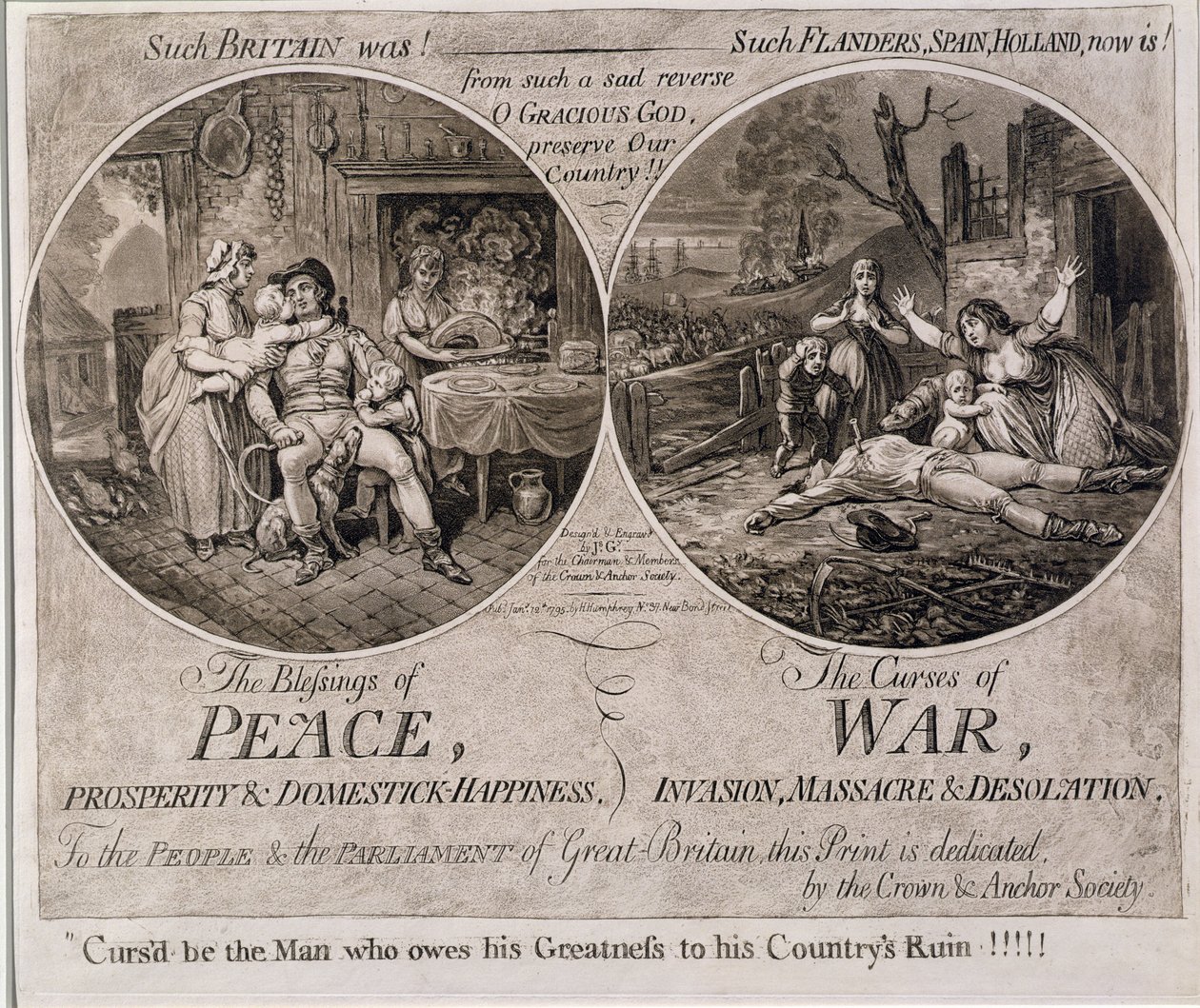 Błogosławieństwa pokoju i przekleństwa wojny, opublikowane przez Hannah Humphrey w 1795 r. autorstwa James Gillray