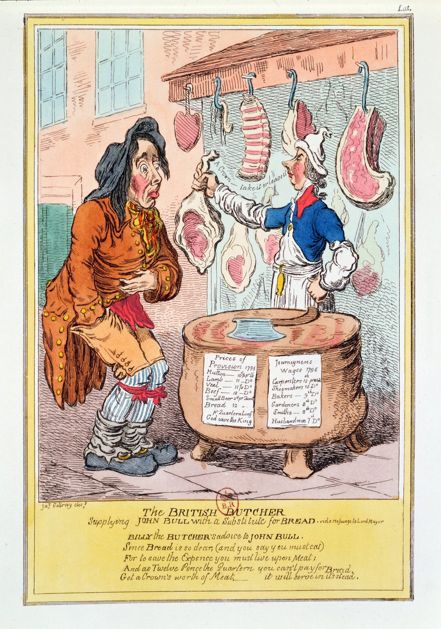 Brytyjski rzeźnik dostarczający Johnowi Bullowi substytut chleba", 1795 r. autorstwa James Gillray