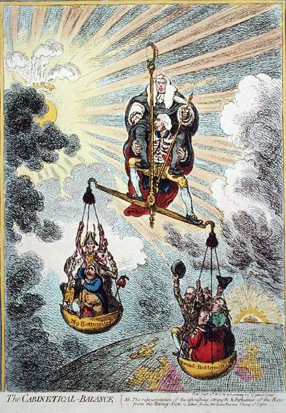 The Cabinetical Balance, wydana przez Hannah Humphrey w 1806 r. (akwaforta ręcznie kolorowana) autorstwa James Gillray