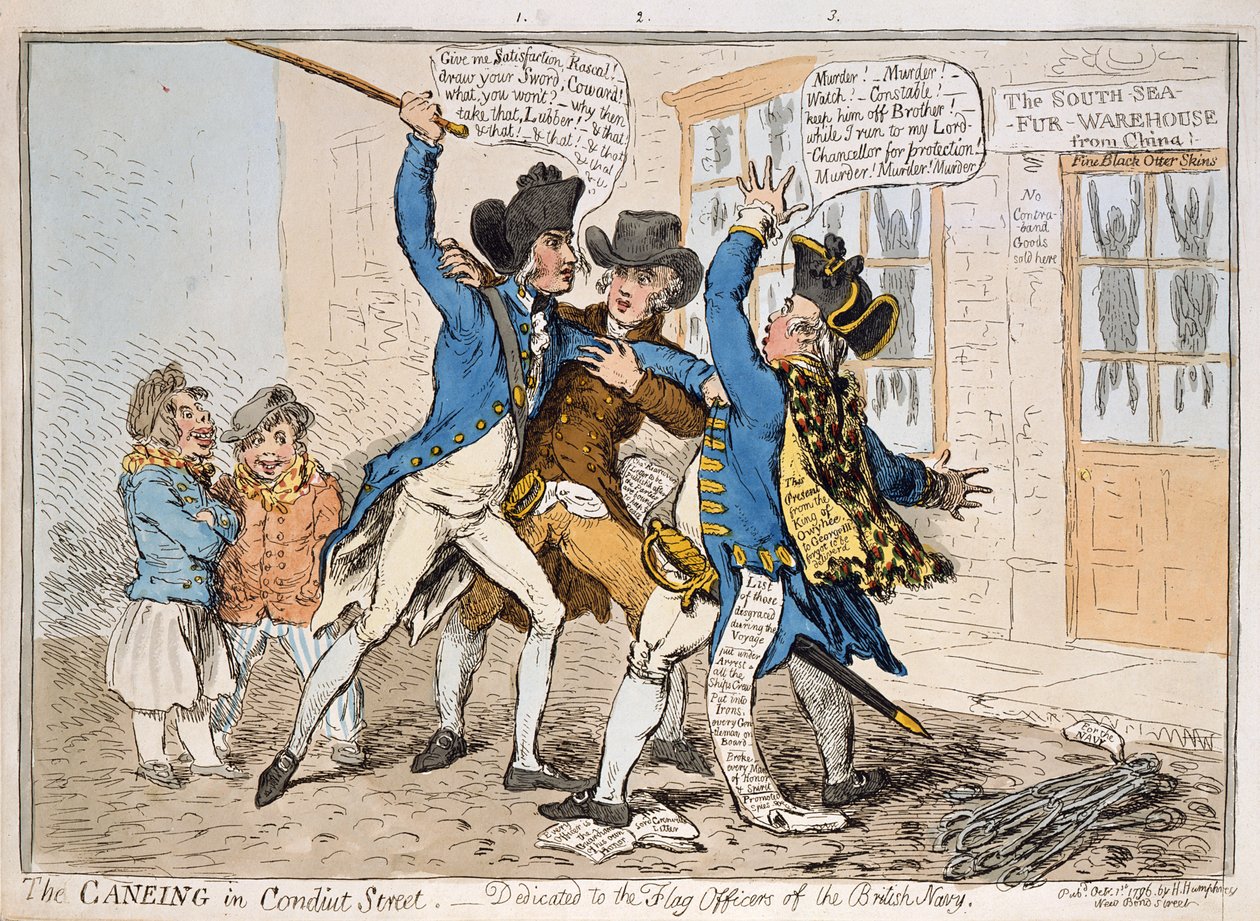 The Caneing in Conduit Street, wydana przez Hannah Humphrey, 1796 (akwaforta ręcznie kolorowana) autorstwa James Gillray