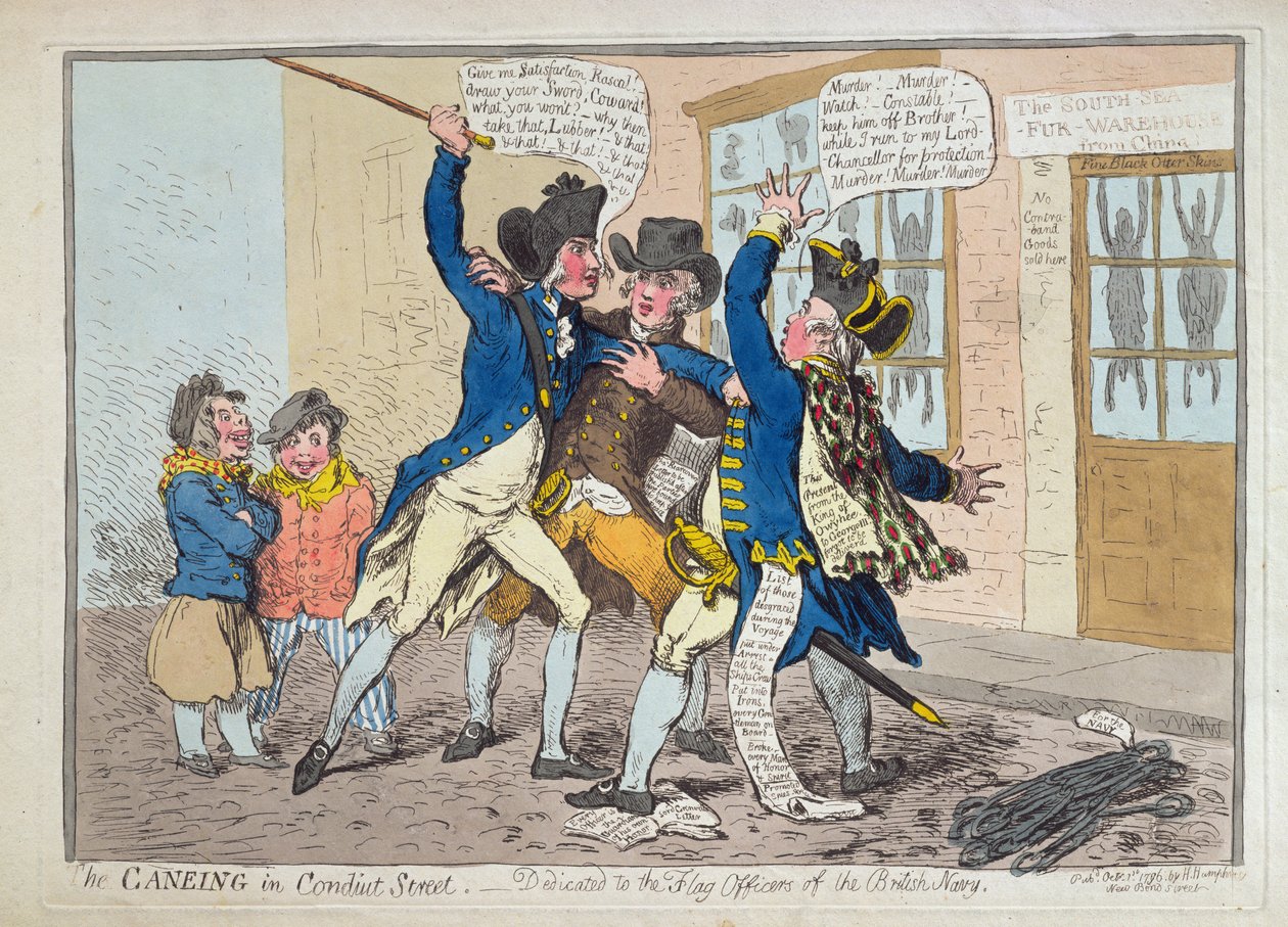 The Caneing in Conduit Street, wydana przez Hannah Humphrey w 1796 r. (akwaforta ręcznie kolorowana) autorstwa James Gillray