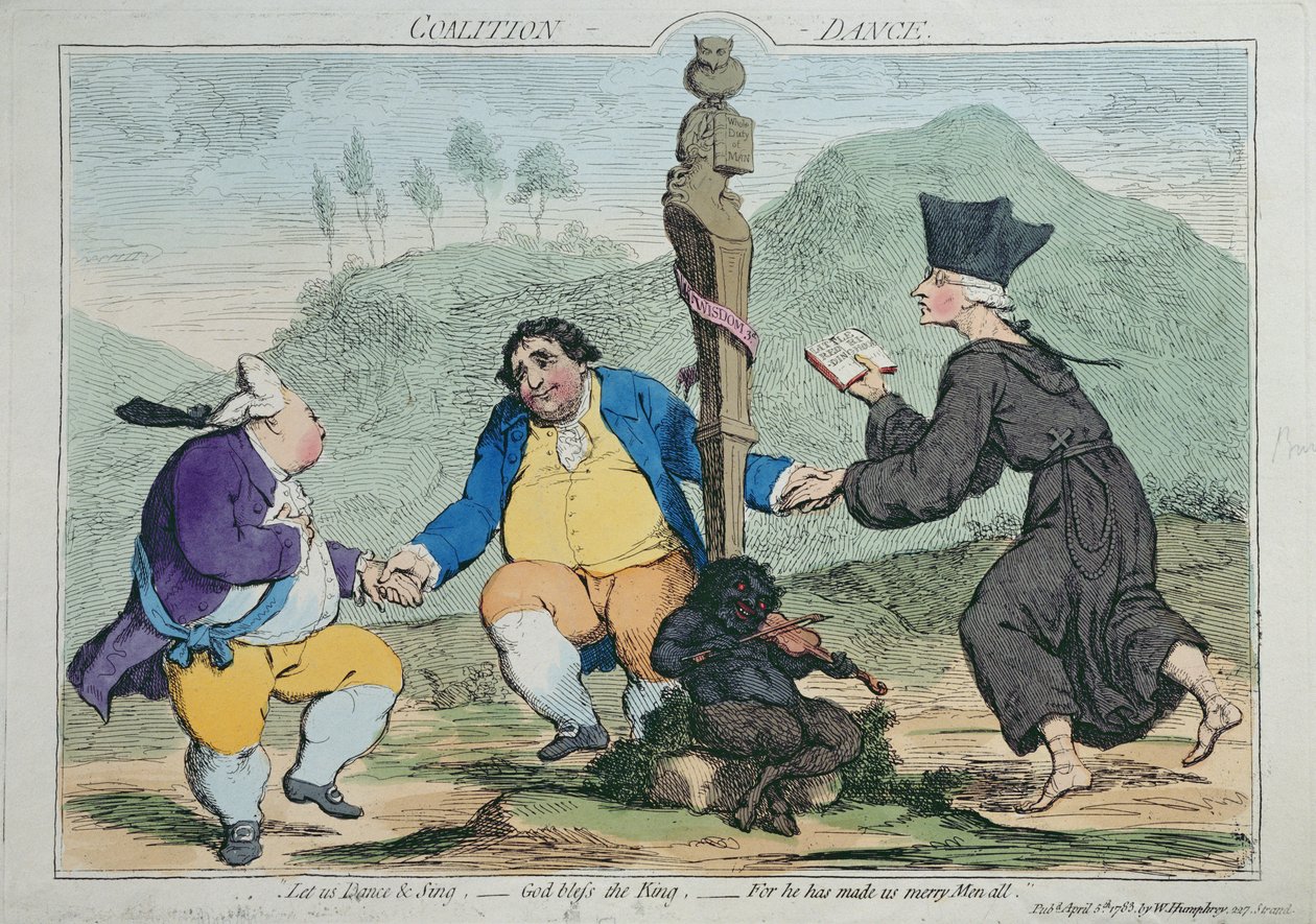 Koalicja-Taniec, wydana przez Williama Humphreya w 1783 r. (akwaforta ręcznie kolorowana) autorstwa James Gillray
