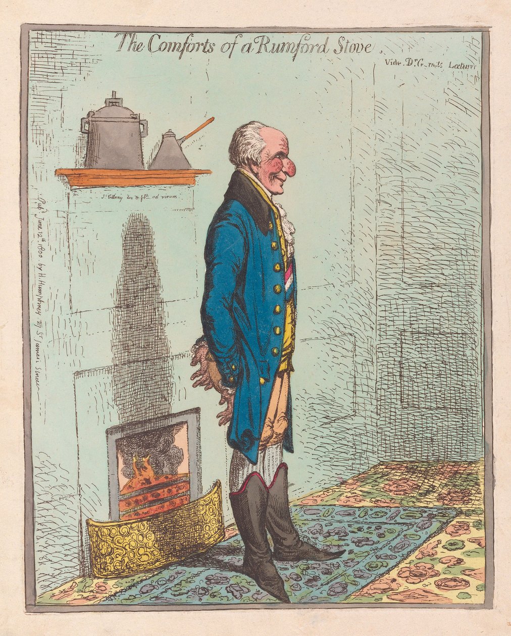 The Comforts of a Rumford Piec, pub 1800 (ręcznie barwiony grawerunek) autorstwa James Gillray