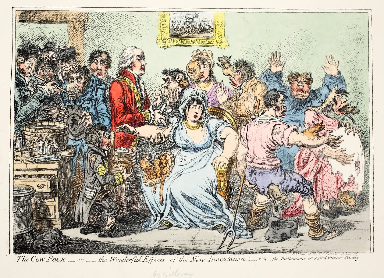 Cow Pock lub wspaniałe efekty nowej szczepienia! Zobacz publikacje towarzystwa antyszczepionkowego, pub H. Humphreys autorstwa James Gillray