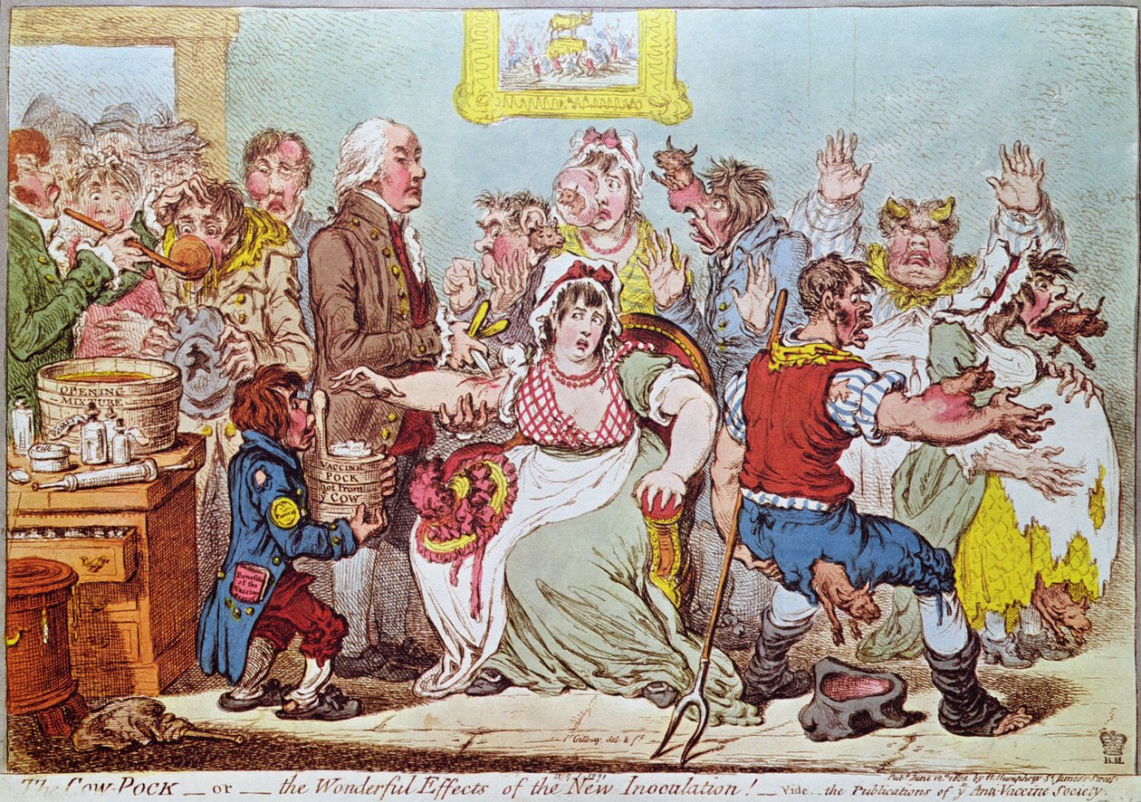 The Cow Pock or the Wonderful Effects of the New Inoculation, opublikowane przez H. Humphrey, 1809 autorstwa James Gillray