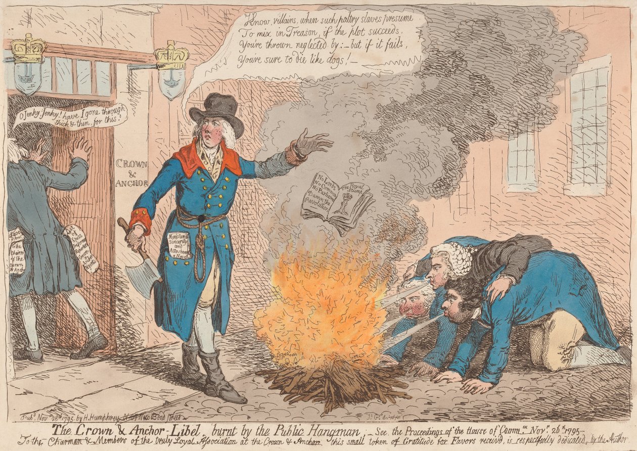 „The Crown  Anchor” – „Oszczerstwo”, spalone przez publicznego kata (źródło: „Caricature”, tom 1) autorstwa James Gillray