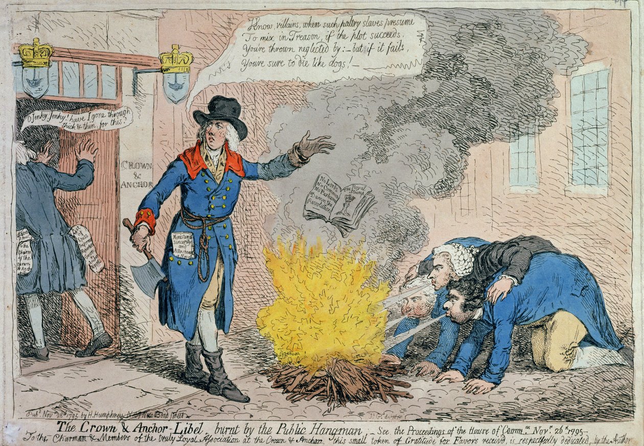 The Crown and Anchor Libel spalony przez publicznego kata, wydany przez Hannah Humphrey w 1795 r. (akwaforta ręcznie kolorowana) autorstwa James Gillray