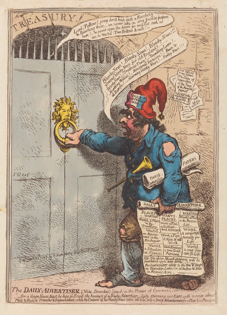 The Daily Advertiser, wyd. 1797 (grawerowanie ręcznie kolorowane) autorstwa James Gillray