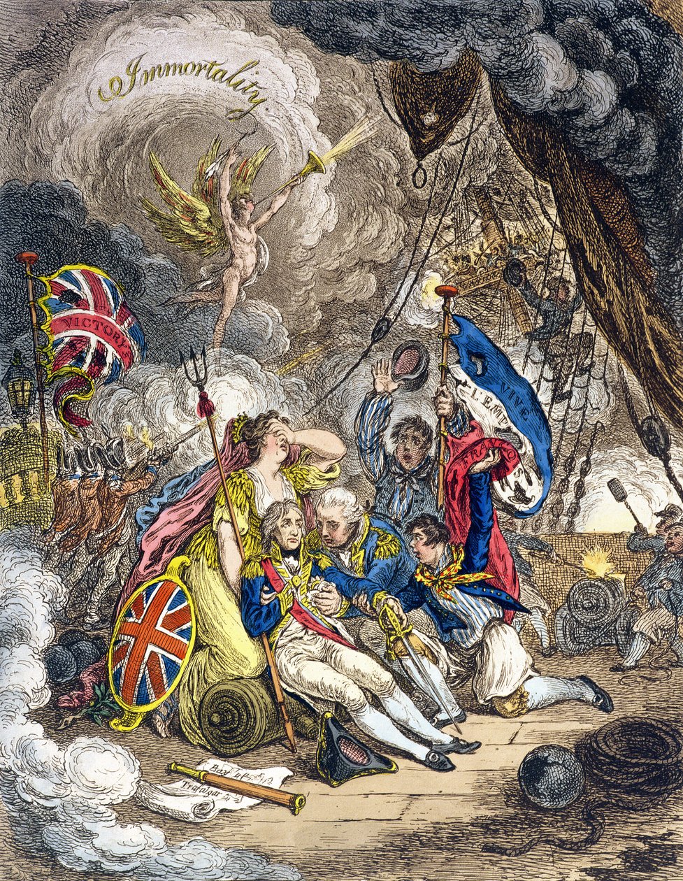 Śmierć admirała Lorda Nelsona w chwili zwycięstwa! wydane przez Hannah Humphrey w 1805 r. (akwaforta ręcznie kolorowana) autorstwa James Gillray