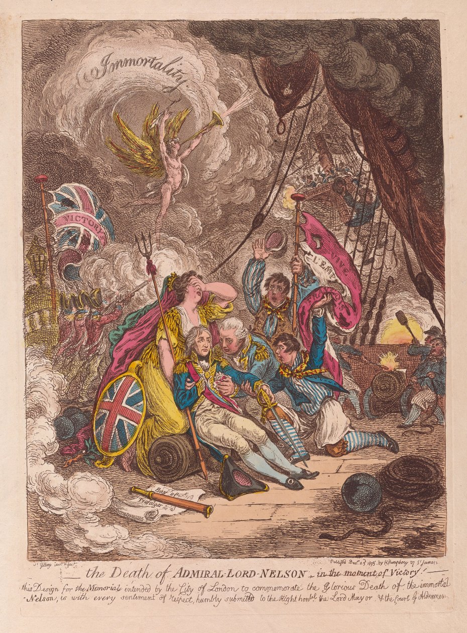 Śmierć admirała Lorda Nelsona w momencie zwycięstwa, wyd. 1805 (grawerowanie ręcznie kolorowane) autorstwa James Gillray