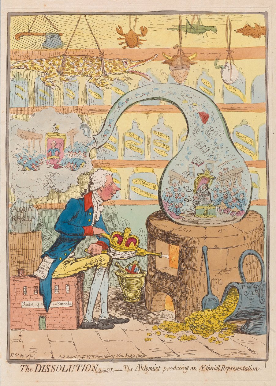 The Dissolution or The Alchymist tworzący Aetherial Representation, wyd. 1796 (grawerowanie ręcznie kolorowane) autorstwa James Gillray