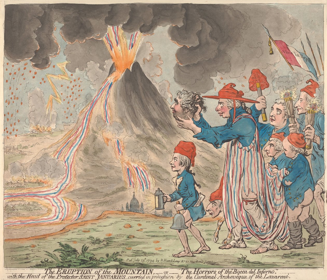 Wybuch góry - czyli - Okropności Bocca del Inferno - z głową świętego patrona Januariusza niesioną w procesjach przez kardynała arcybiskupa Lazzaroni autorstwa James Gillray