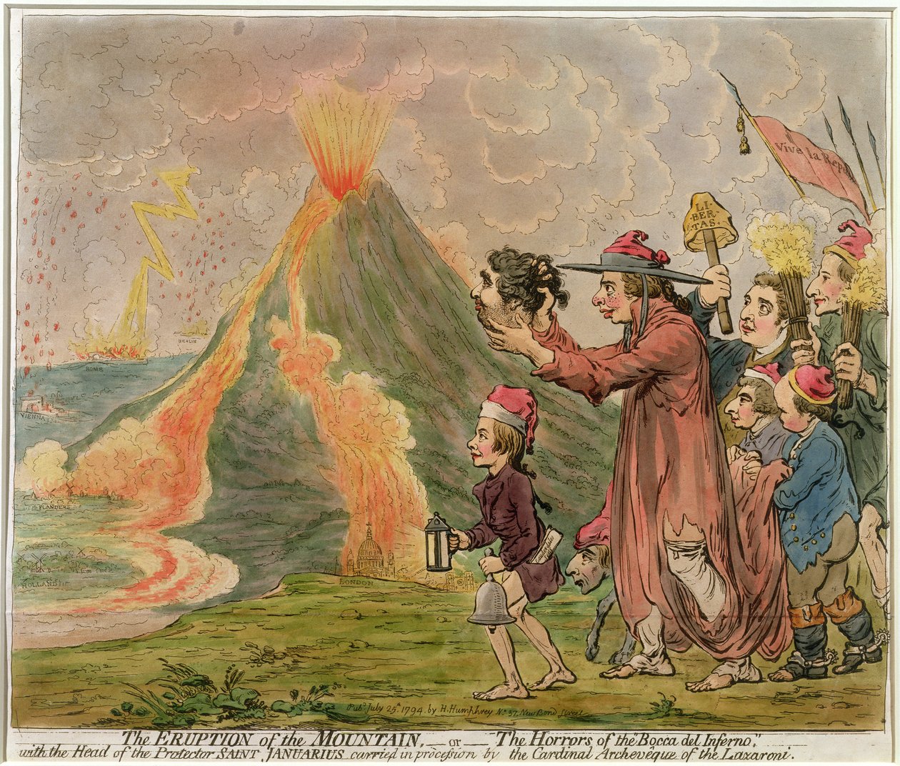 Erupcja góry, czyli horrory „Bocca del Inferno” wydane przez Hannah Humphrey w 1794 r. (akwaforta ręcznie kolorowana) autorstwa James Gillray