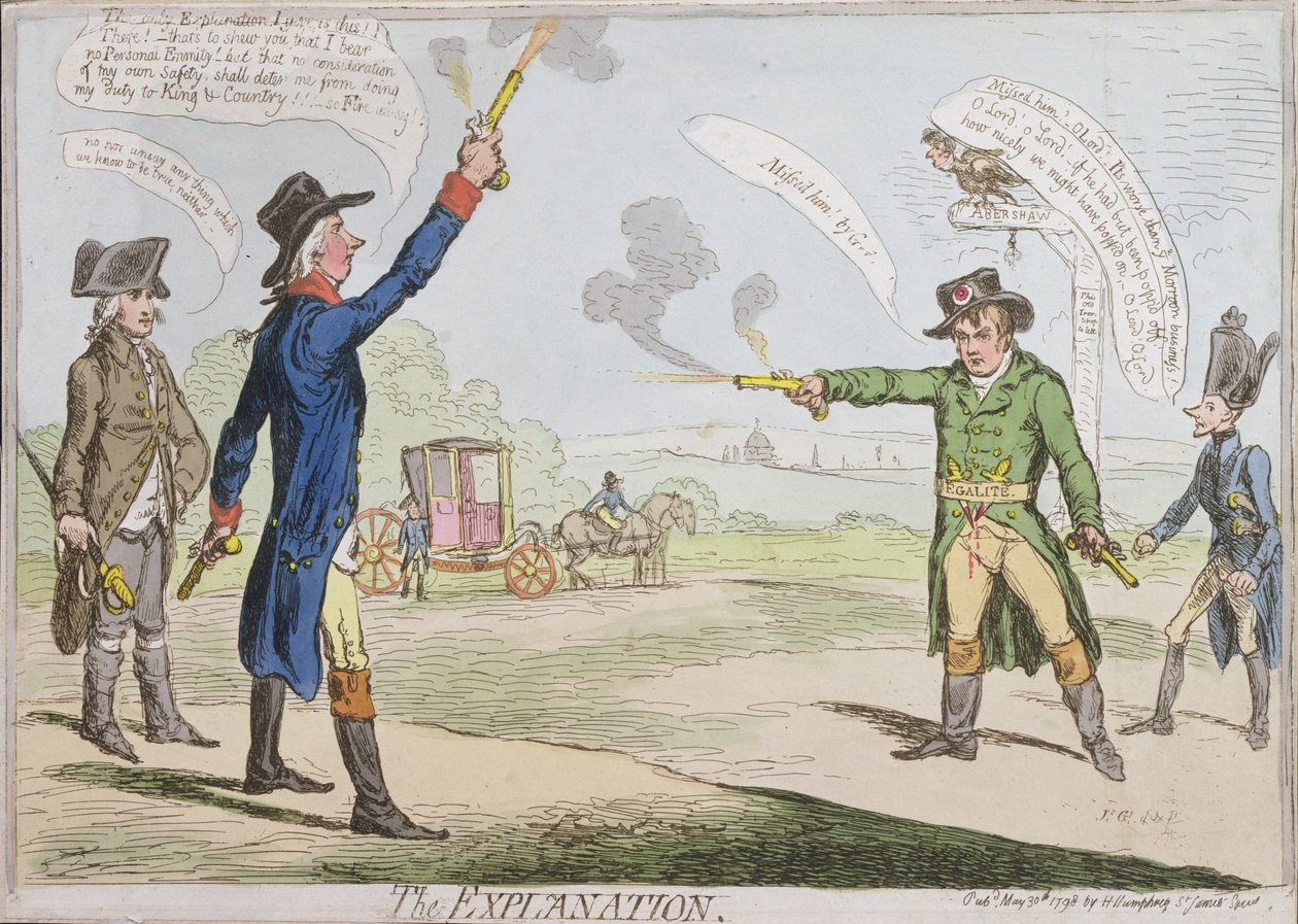 Wyjaśnienie, opublikowane przez Hannah Humphrey w 1798 r. (akwaforta ręcznie kolorowana) autorstwa James Gillray