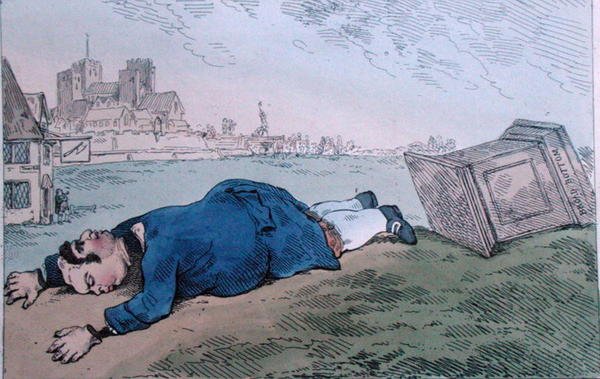 The Fall of Dagon lub Rare News for Leadenhall Street, opublikowana przez Williama Humphreya w 1784 r. (akwaforta ręcznie kolorowana) autorstwa James Gillray