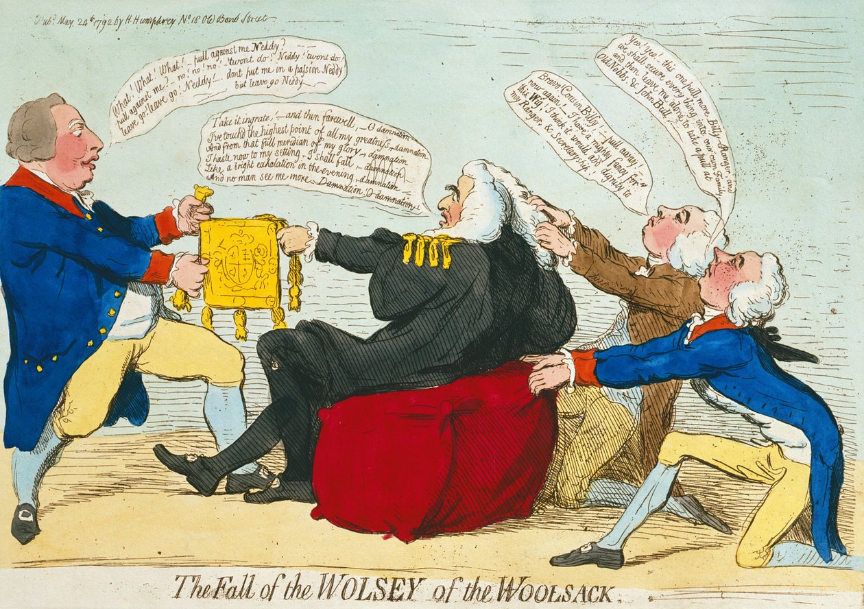 The Fall of the Wolsey of the Woolsack, wydana przez Hannah Humphrey w 1792 r. (akwaforta ręcznie kolorowana) autorstwa James Gillray
