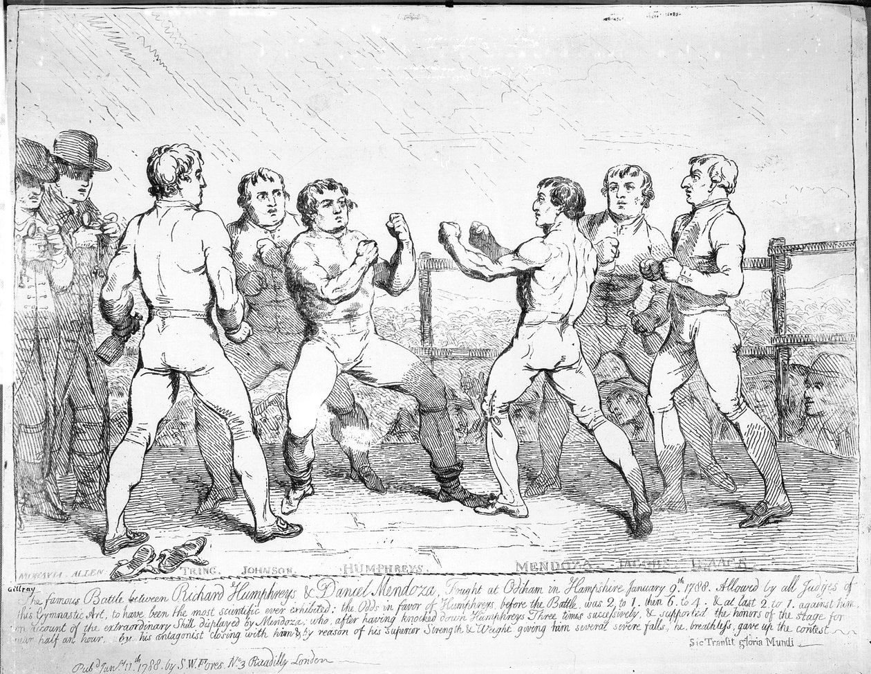Słynna bitwa między Richardem Humphreysem i Danielem Mendozą, 9 stycznia 1788 r. autorstwa James Gillray