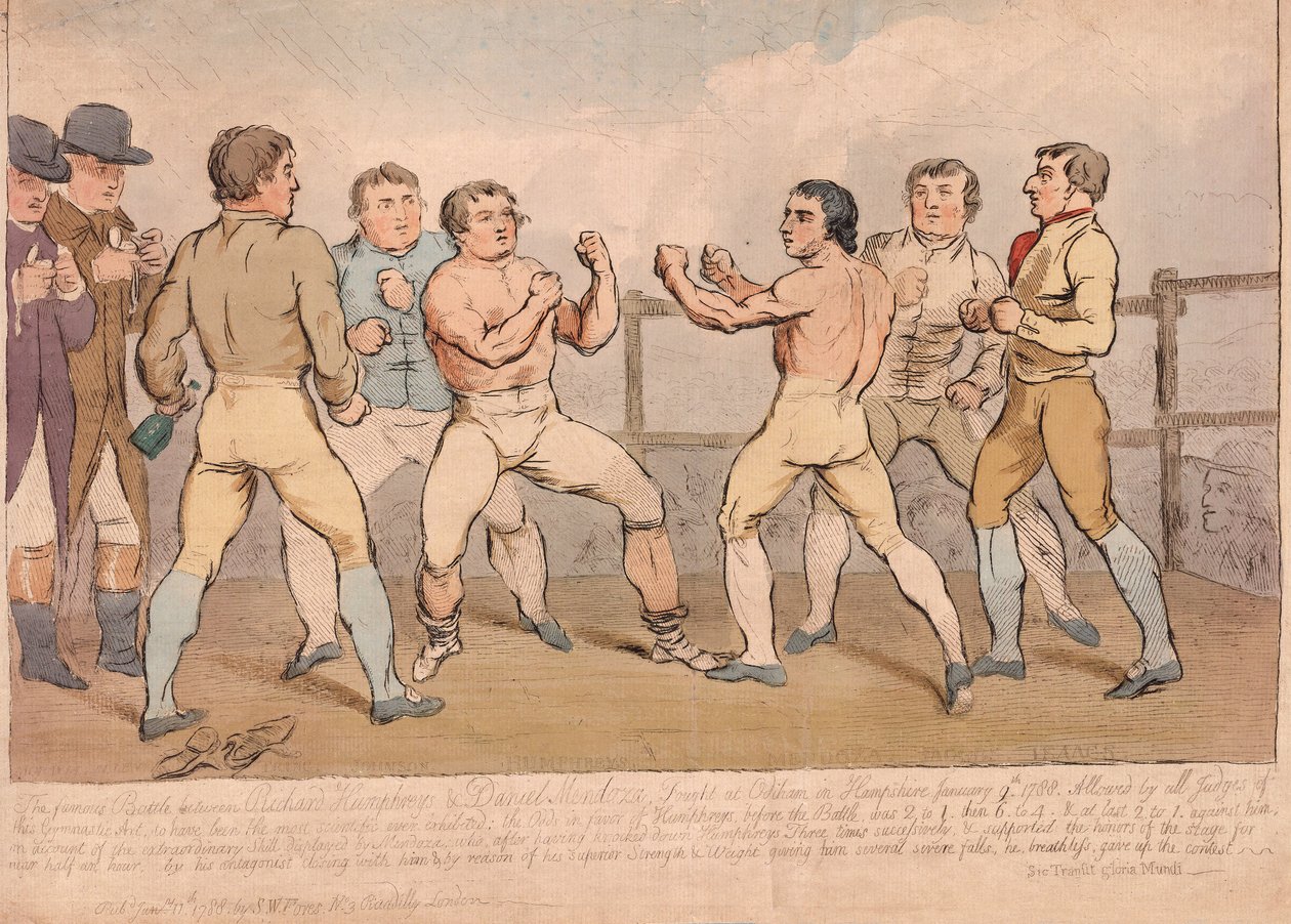 Słynna bitwa między Richardem Humphreysem i Danielem Mendozą, 9 stycznia 1788, wyd. 1788 (grawerowanie ręcznie kolorowane) autorstwa James Gillray
