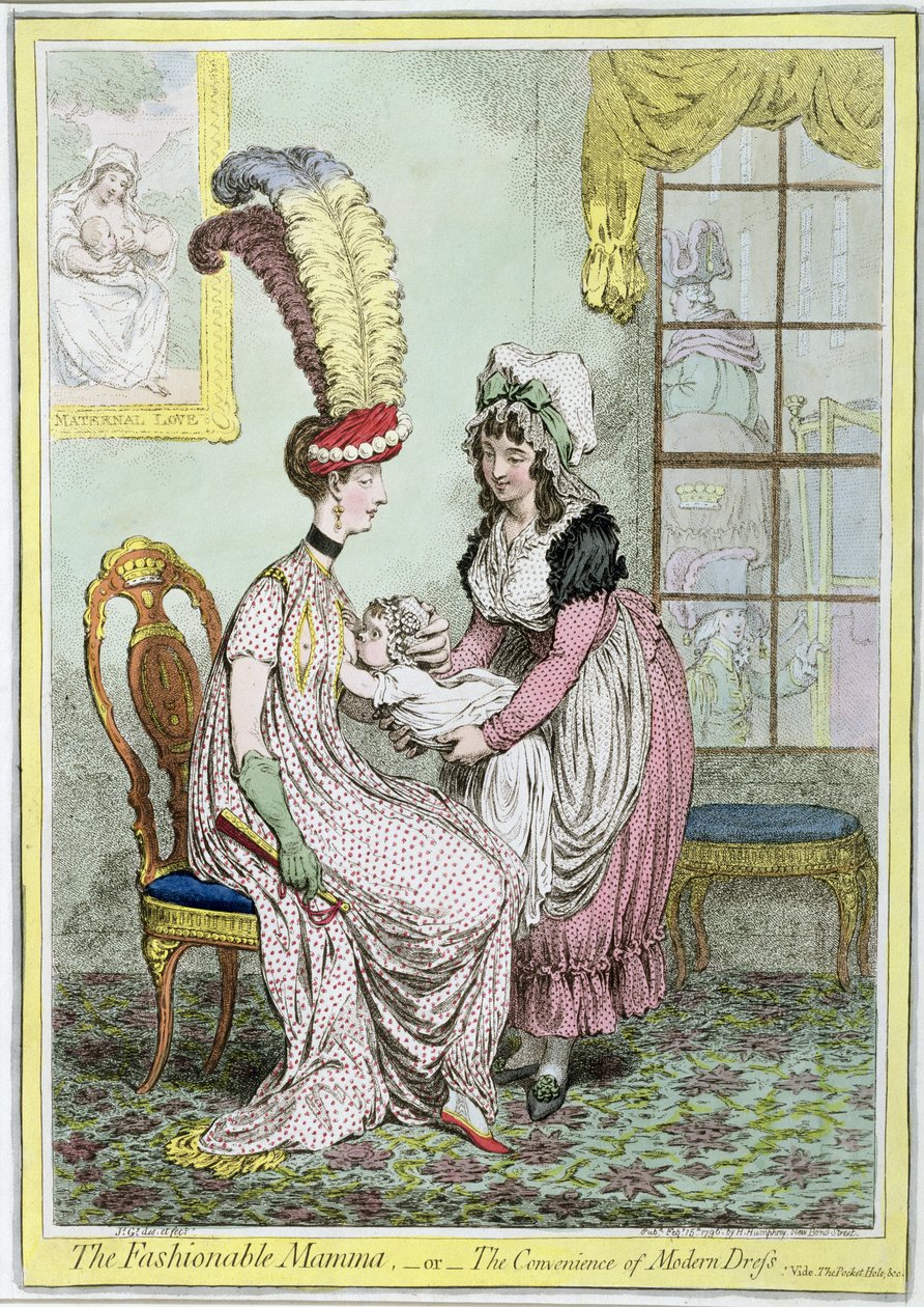 Modna mama, czyli wygoda nowoczesnego stroju, wydana w 1796 r. (kolorowa rycina) autorstwa James Gillray