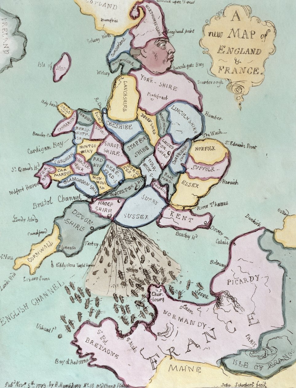 The French Invasion, or John Bull Bombarding the Bum-Boats, wydana przez Hannah Humphrey w 1793 roku (akwaforta ręcznie kolorowana) autorstwa James Gillray