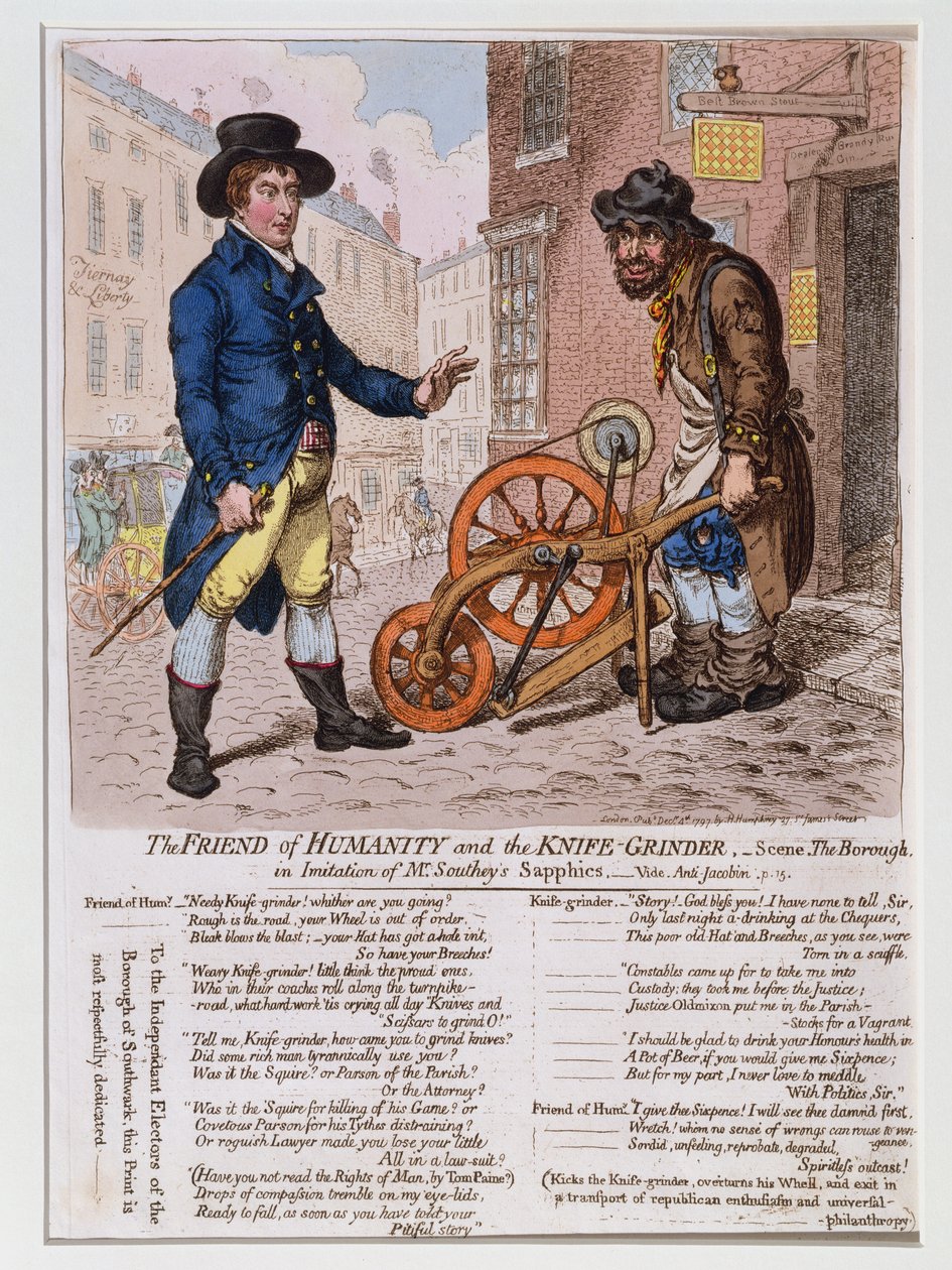 The Friend of Humanity and the Knife-Grinder, wydana przez Hannah Humphrey w 1797 (akwaforta ręcznie kolorowana) autorstwa James Gillray