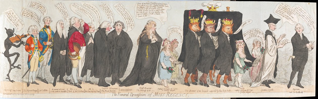 Kondukt pogrzebowy Miss Regency, wyd. 1789 (grawerowanie ręcznie kolorowane) autorstwa James Gillray