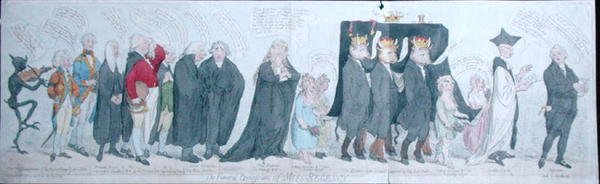 Procesja pogrzebowa Miss Regency, wydana przez S.W. Fores w 1789 (akwaforta ręcznie kolorowana) autorstwa James Gillray