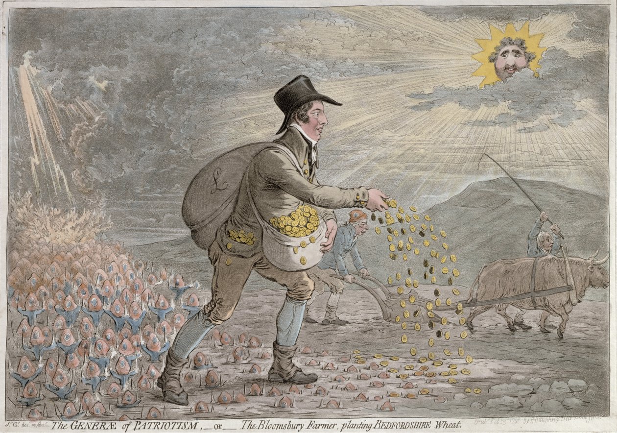 Generae of Patriotism lub The Bloomsbury Farmer sadzący pszenicę Bedfordshire, opublikowana przez Hannah Humphrey w 1796 r. (akwaforta ręcznie kolorowana) autorstwa James Gillray