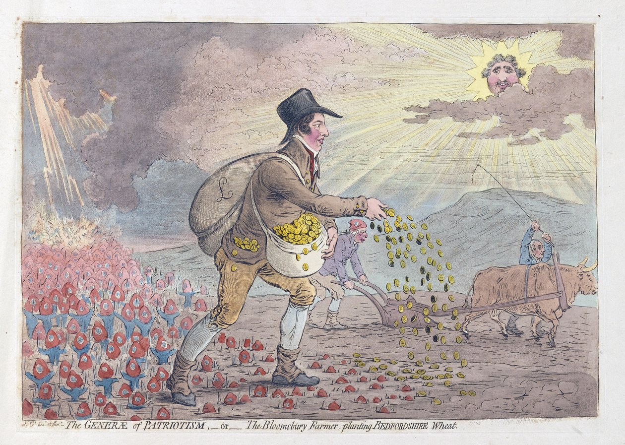 Generae of Patriotism lub The Bloomsbury Farmer sadzący pszenicę Bedfordshire, wyd. 1796 (grawerowanie ręcznie kolorowane) autorstwa James Gillray