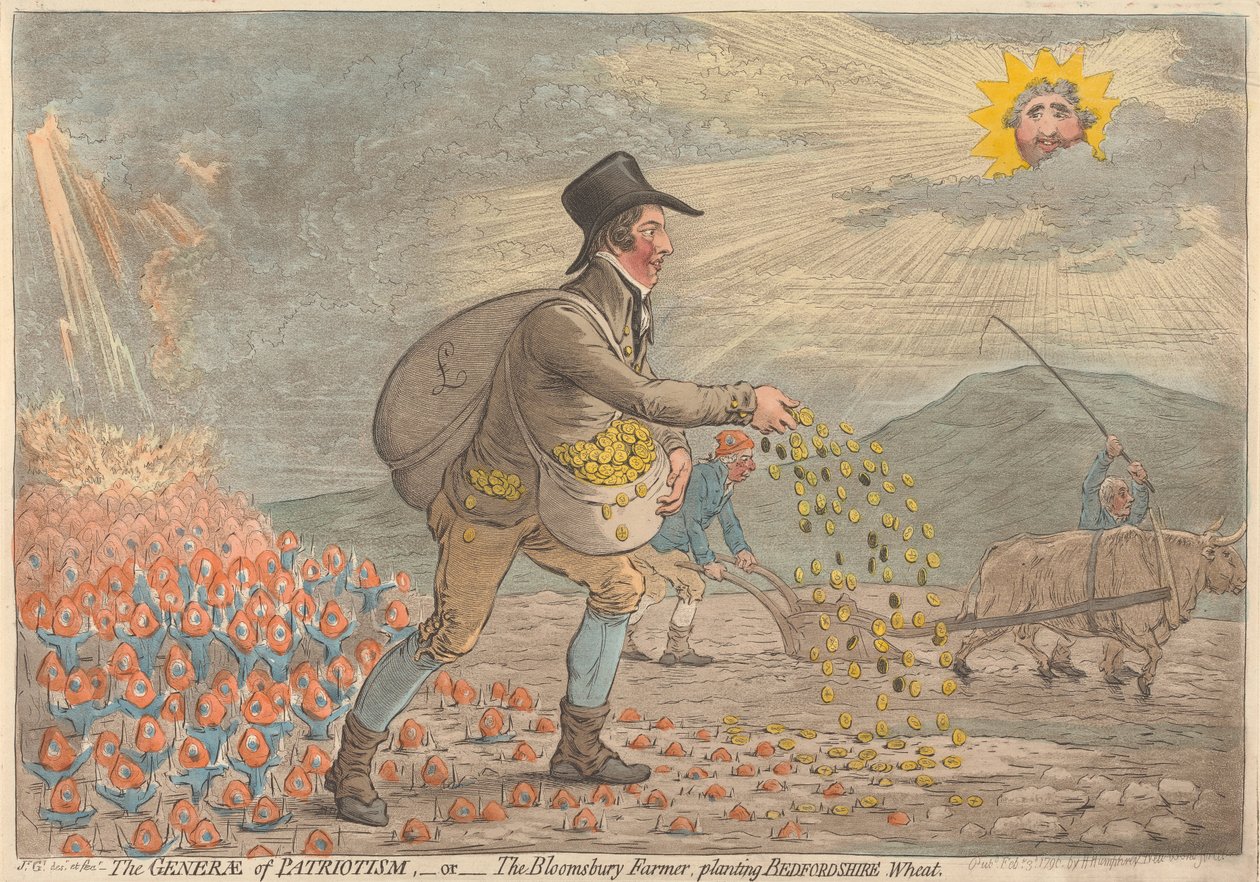 Generał patriotyzmu - albo - rolnik z Bloomsbury sadzący pszenicę z Bedfordshire autorstwa James Gillray