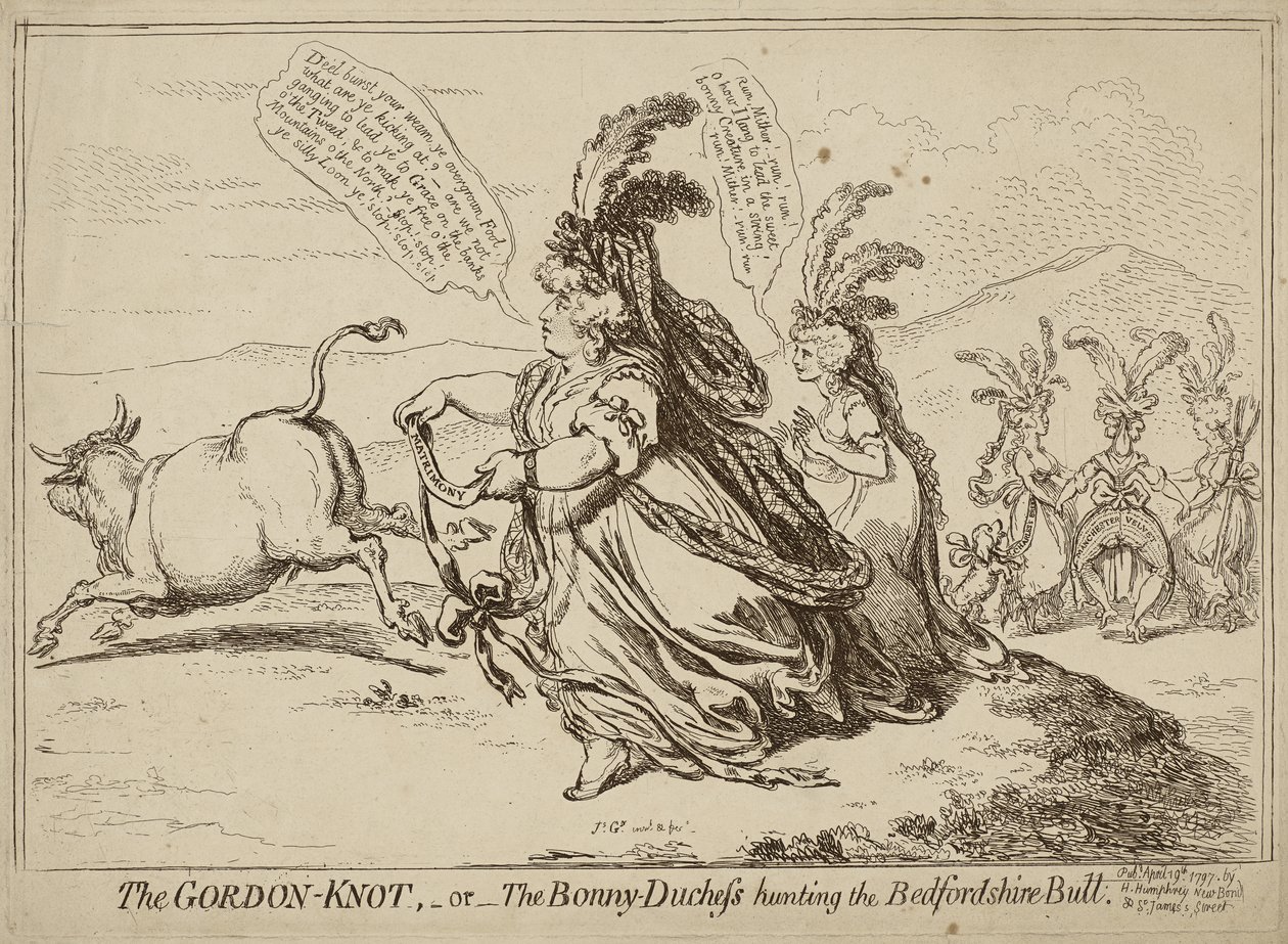 The Gordon Knot lub The Bonny-Duchess Hunting the Bedfordshire Bull, opublikowany 29 kwietnia 1797 (akwaforta na papierze tkanym) autorstwa James Gillray