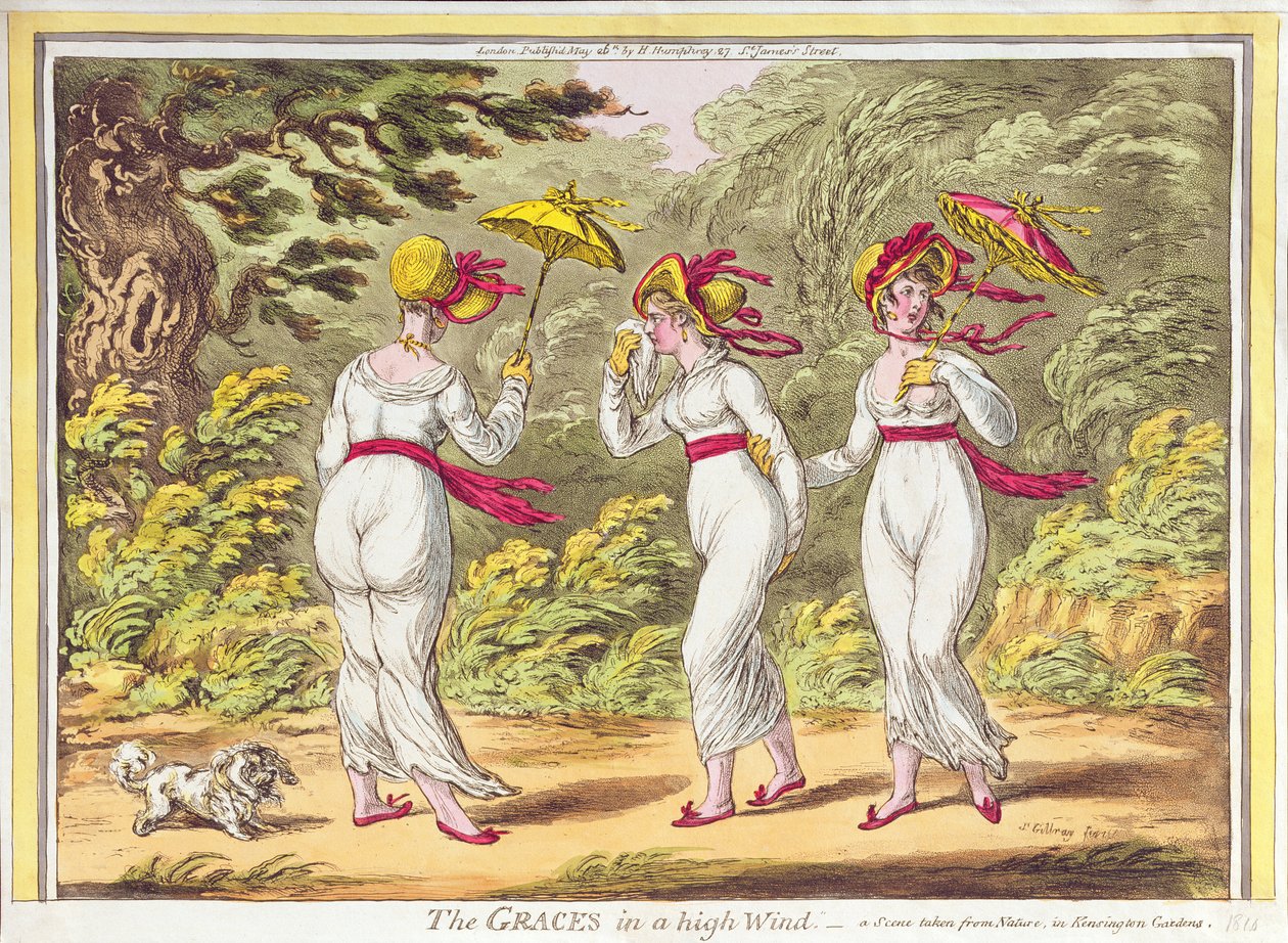 Gracje na silnym wietrze, scena zaczerpnięta z Natury w Kensington Gardens, wyd. autorstwa Hannah Humphrey, 1810 autorstwa James Gillray
