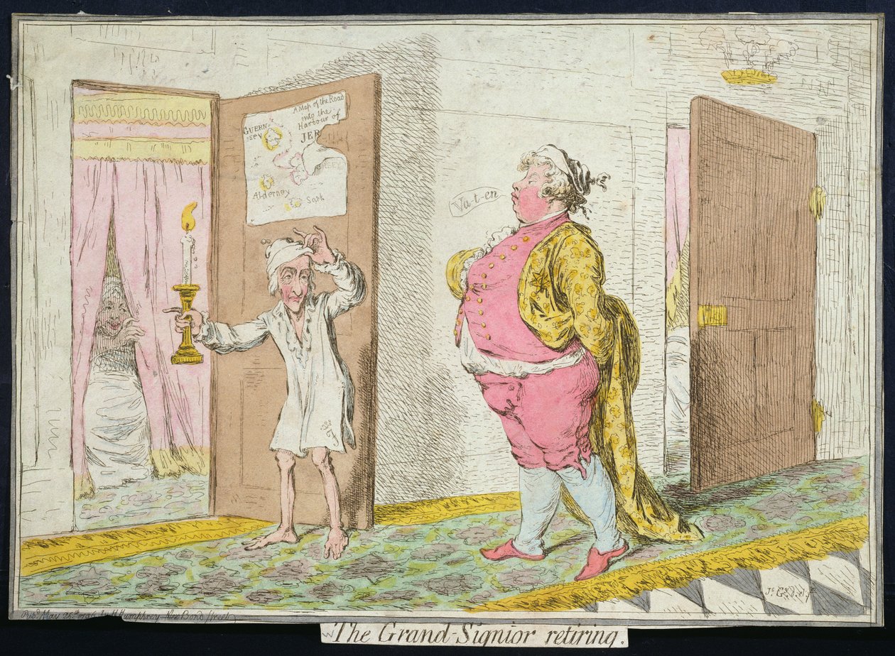 The Grand-Signior Retiring, wydana przez Hannah Humphrey w 1796 roku (akwaforta ręcznie kolorowana) autorstwa James Gillray