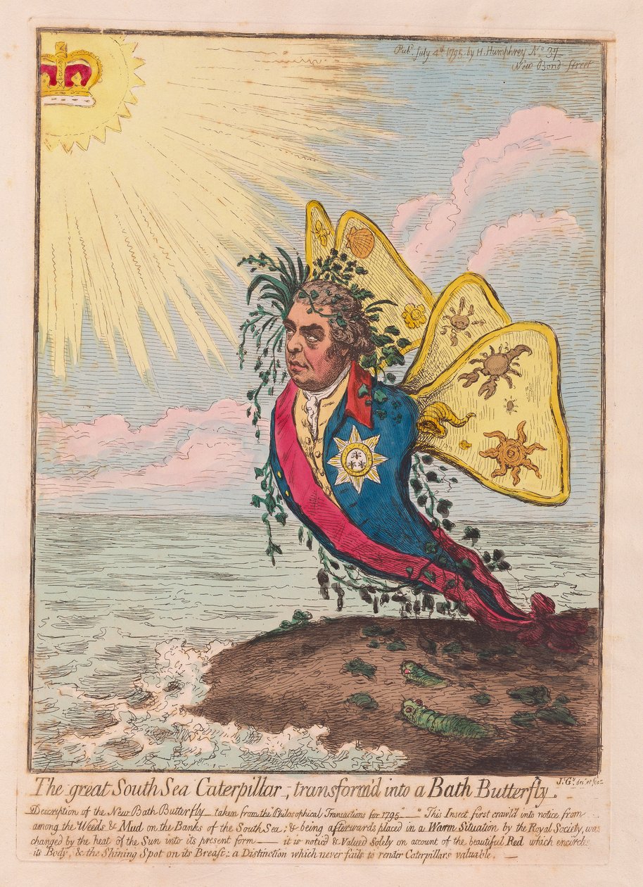 Wielka Gąsienica Morza Południowego, przekształcona w Motyla Kąpielowego, pub. 1792 (grawerowanie ręcznie kolorowane) autorstwa James Gillray