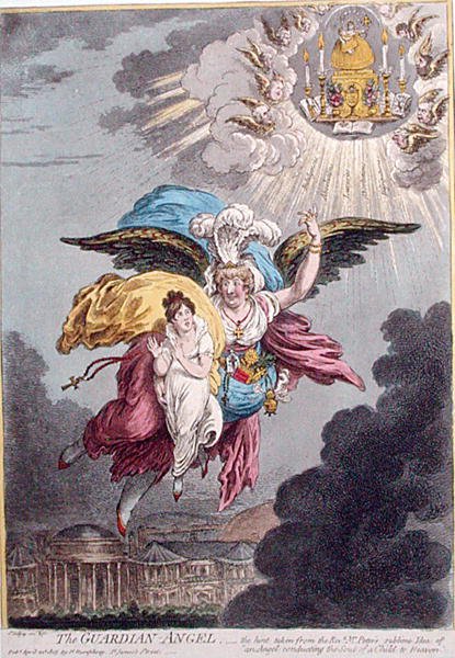 Anioł Stróż, wydany przez Hannah Humphrey w 1805 r. (akwaforta ręcznie kolorowana) autorstwa James Gillray