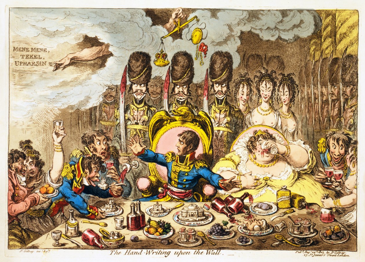 Ręczne pisanie na ścianie, wyd. 1803 (ręcznie kolorowane grawerowanie) autorstwa James Gillray