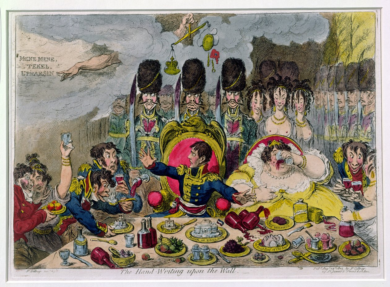 The Hand-Writing on the Wall, wydane przez Hannah Humphrey w 1803 r. (akwaforta ręcznie kolorowana) autorstwa James Gillray