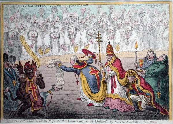 Wprowadzenie papieża na konwokację w Oksfordzie przez kardynała Broad-Bottoma, opublikowane przez Hannah Humphrey w 1809 r. (akwaforta ręcznie kolorowana) autorstwa James Gillray