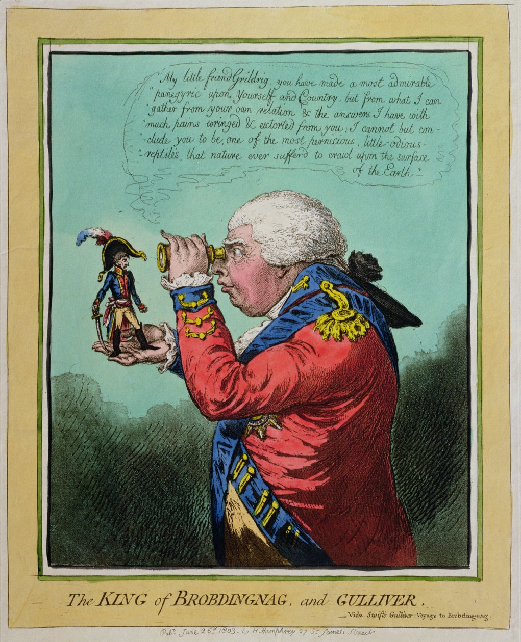 The King of Brobdingnag and Gulliver, wydany przez Hannah Humphrey w 1803 r. (akwaforta ręcznie kolorowana) autorstwa James Gillray