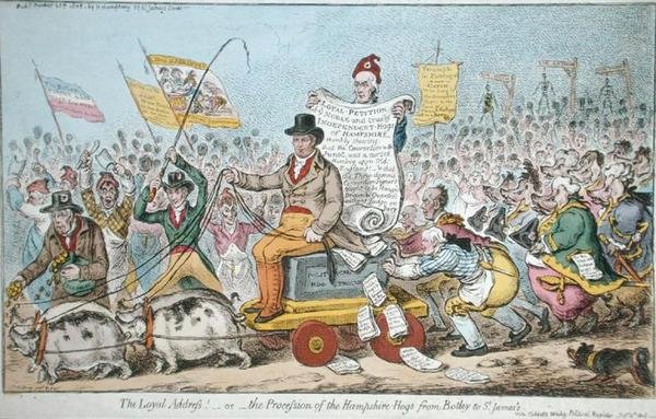 Lojalny adres! lub The Procession of the Hampshire Hogs from Botley to St. James”, opublikowane przez Hannah Humphrey w 1808 r. (akwaforta ręcznie kolorowana) autorstwa James Gillray