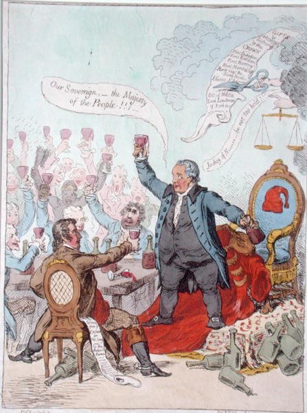 Lojalny Toast, wydany przez Hannah Humphrey w 1798 r. (akwaforta ręcznie kolorowana) autorstwa James Gillray