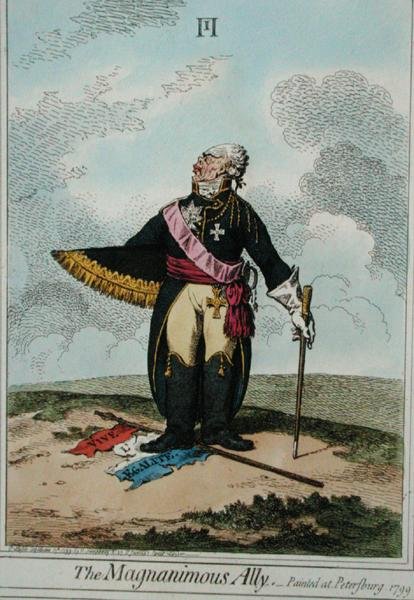 The Magnanimous Ally, wydana przez Hannah Humphrey w 1799 r. (akwaforta ręcznie kolorowana) autorstwa James Gillray