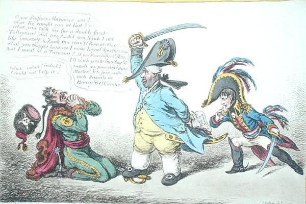 The Magnanimous Minister Chastising Pruski Perfidy, opublikowany przez Hannah Humphrey w 1806 r. (akwaforta ręcznie kolorowana) autorstwa James Gillray