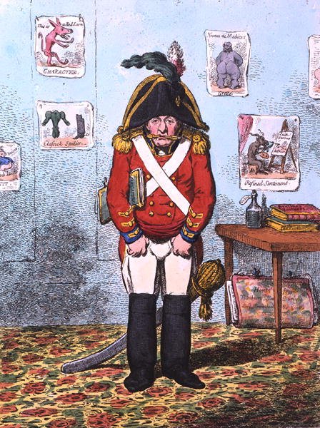 The Military Caricaturist, wydany przez Hannah Humphrey w 1799 (akwaforta ręcznie kolorowana) autorstwa James Gillray