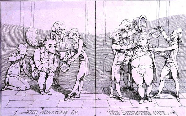 The Minister In - The Minister Out, opublikowany przez Williama Humphreya w 1782 r. (akwaforta) autorstwa James Gillray