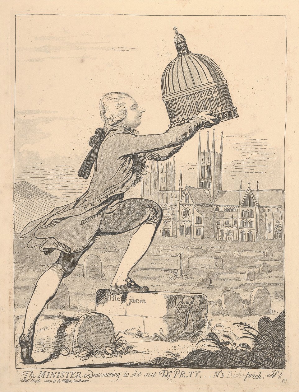 Minister usiłujący uzupełnić Bisho-Prick doktora Pr*ty***na autorstwa James Gillray